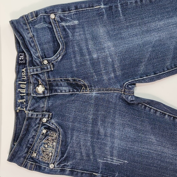 L.A. Idol Boot Cut Rhinestone Distressed Skinny Long Tall Jeans (Size 9 - 31x34) - Picture 2 of 15